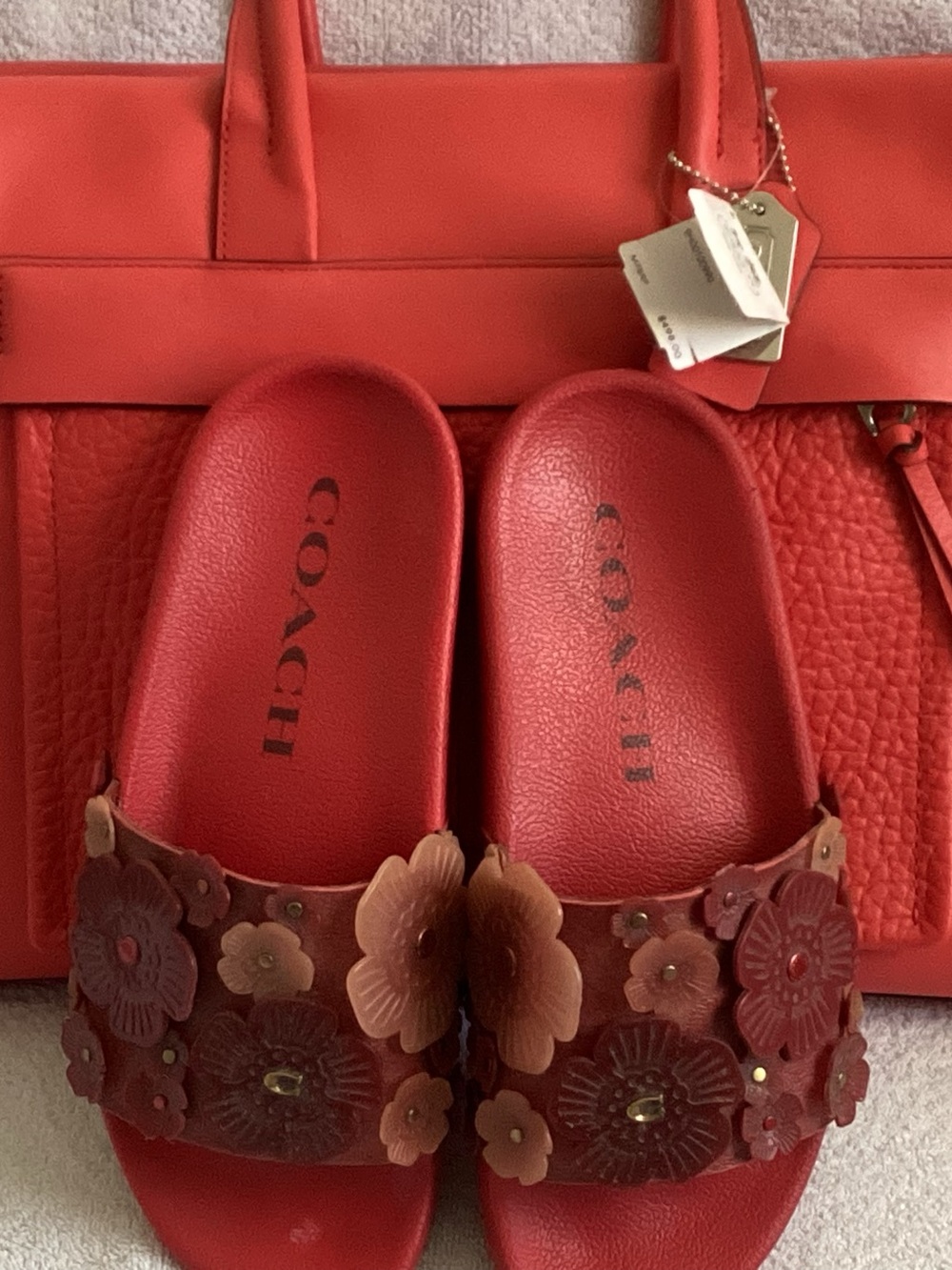 Coach Bleecker Riley Love Red Leather Carryall 27927 NWD Sophi Tea Rose Slides 8